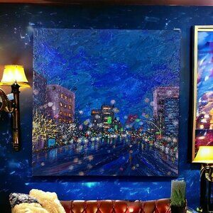 Uptown Rainy Night, 8" x 8" Landscape Acrylic on Canvas Cityscape Painting